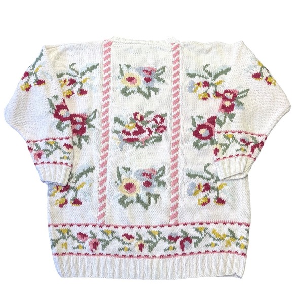 Vintage Kristin Paige floral knit sweater L cottagecore ramie cotton tapestry - Picture 2 of 5